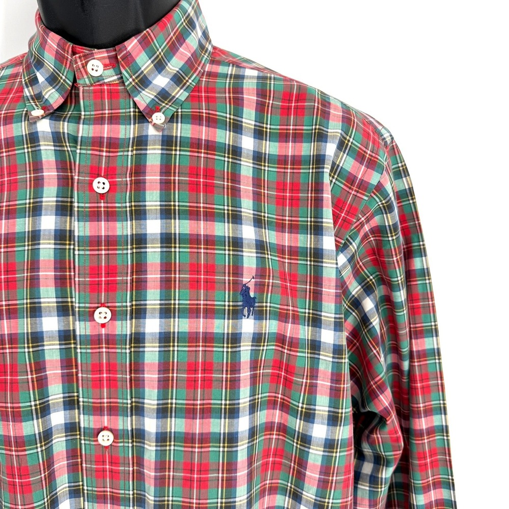 Ralph Lauren Mens Tartan Plaid Button Down Shirt Red Green Long Sleeve Cotton M